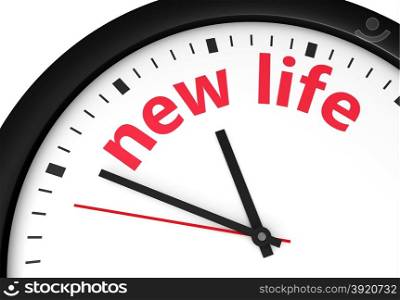Beginning of a new lifestyle concept with a clock and new life word and sign printed in red 3d render image.