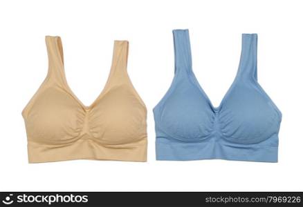 Beige and blue cotton bra. Isolate on white.