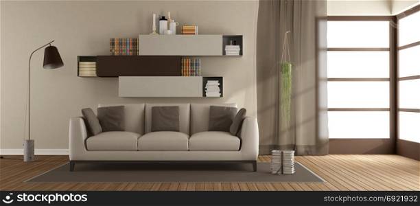 Beige and brown living room. Beige and brown modern living room with sofa on carpet - 3d rendering
