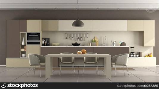 Beige and brown modern kitchen with dining table and chairs - 3d rendering. Beige and brown modern kitchen