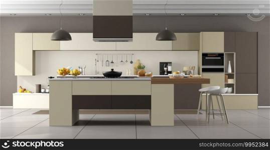 Beige and brown modern kitchen with island and stool - 3d rendering. Beige and brown modern kitchen with island
