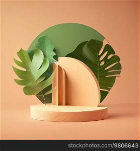 Beige background with podium and green leaves. Illustration AI Generative