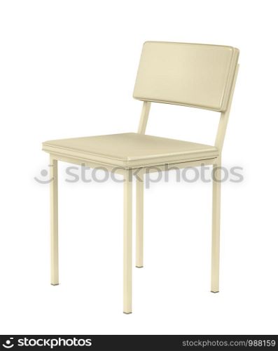 Beige colored chair made from metal and leather on white background