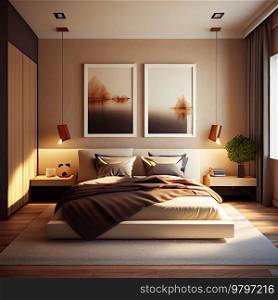 Beige Minimalist Modern Bedroom Interior Design. Generative AI