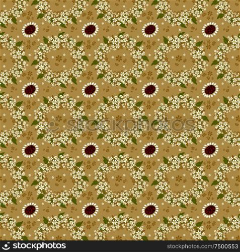Beige seamless background with a repeating pattern of floral wreaths.