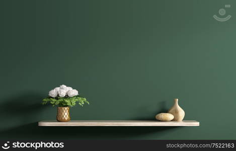 Beige wooden shelf with bouquet of white roses in copper vase over dark green wall, home decor, interior background 3d rendering