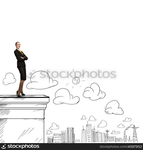 Being on top. Successful pretty business lady standing on top of building