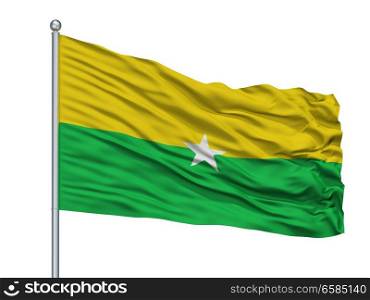 Belalcazar City Flag On Flagpole, Country Colombia, Caldas Department, Isolated On White Background. Belalcazar City Flag On Flagpole, Colombia, Caldas Department, Isolated On White Background