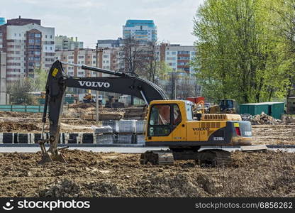 Belarus, Minsk - 06.05.2017: Excavator VOLVO EC120Balk on the construction site