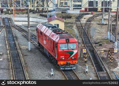 Belarus, Minsk - 20.03.2017: Diesel locomotive TEP 70 BS in the locomotive depot of the railway