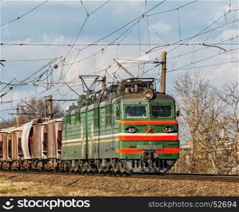 Belarus, Minsk - Twin locomotive VL80-605 pulls freight cars of freight train
