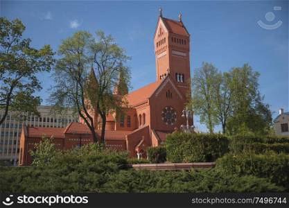 Belarussian Roman Catholic Church Of Saints Simon And Helen (Red Church) On Independence Square In Minsk, Belarus