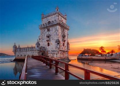 Belem Tower in Lisbon at sunset, Portugal. Belem Tower or Tower of St Vincent on the bank of the Tagus River at scenic sunset, Lisbon, Portugal