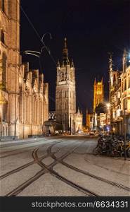 Belfry of Ghent and Sint-Baafskathedraal. Sint- Michielshelling street. Ghent, Belgium. Belfry of Ghent in the night