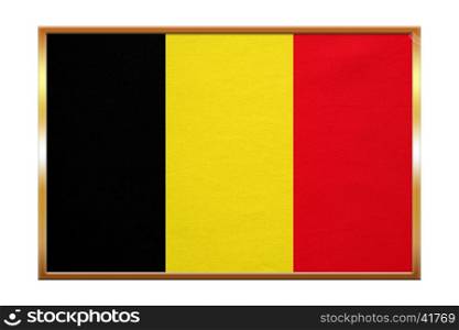 Belgian national official flag. Patriotic symbol, banner, element, background. Correct colors. Flag of Belgium , golden frame, fabric texture, illustration. Accurate size, color