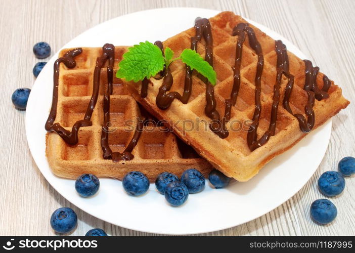 Belgian waffles on a plate with chocolate sauce and blueberries with mint. Belgian waffles on a plate with chocolate sauce and blueberries