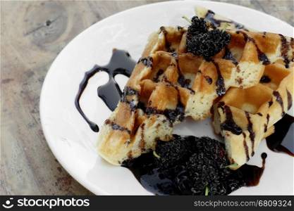 belgian waffles with chocolate and mulberry, delicious desert