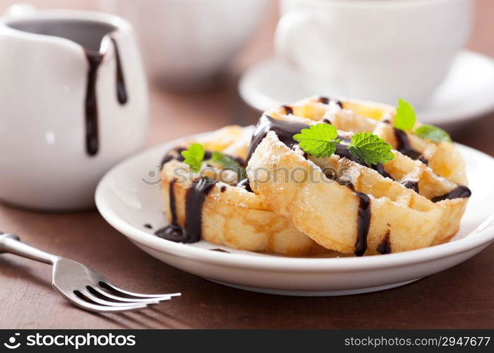 Belgian waffles with chocolate and powder sugar for breakfast