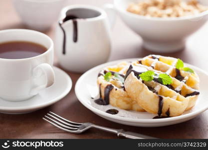 Belgian waffles with chocolate and powder sugar for breakfast