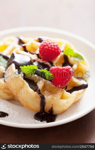 Belgian waffles with chocolate and raspberry for breakfast