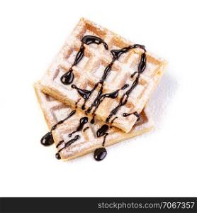 Belgian waffles with chocolate Dessert sweetness. Lunch cooking. Isolated white background.