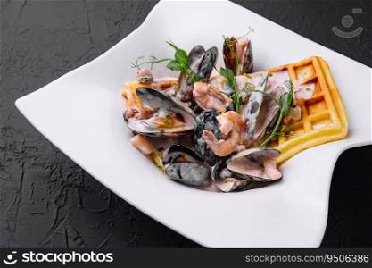 Belgian waffles with seafood in a creamy sauce