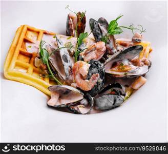 Belgian waffles with seafood in a creamy sauce