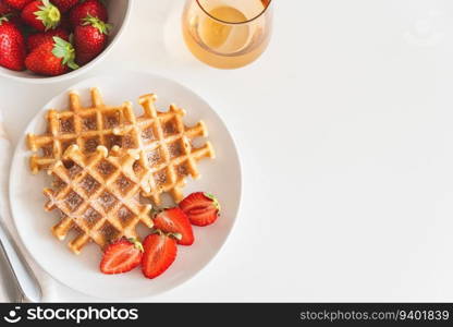 Belgian waffles with strawberry and powdered sugar on white plate. Breakfast food concept. Copy space. Top view