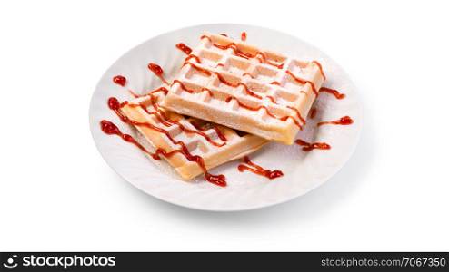 Belgian waffles withf ruit sauce on a plate with clipping path