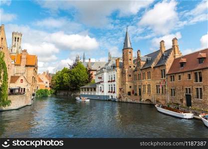 Belgium, Brugge, ancient European town, buildings on river. Tourism and travel, famous europe landmark, popular places, West Flanders, Bruge. Belgium, Brugge, West Flanders, panorama