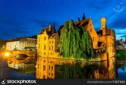 Belgium, Brugge, ancient European town with river channels, night view. Tourism and travel, famous europe landmark, popular places, West Flanders, benelux