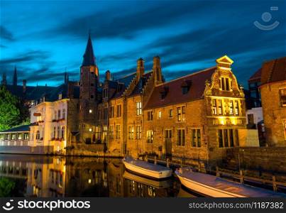 Belgium, Brugge, ancient European town with stone buildings on river. Tourism and travels, famous europe landmark, popular places, West Flanders. Belgium, Brugge, West Flanders, Europe
