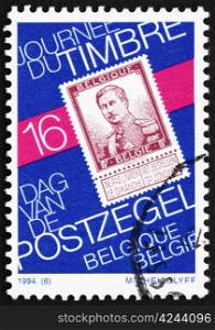 BELGIUM - CIRCA 1994: a stamp printed in the Belgium shows Reproduction of Stamp with King Albert I, 1912, circa 1994