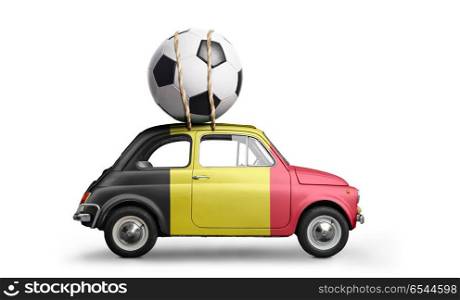 Belgium football car. Belgium flag on car delivering soccer or football ball isolated on white background