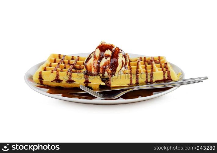 Belgium waffles with chocolate sauce, ice cream isolated on white background