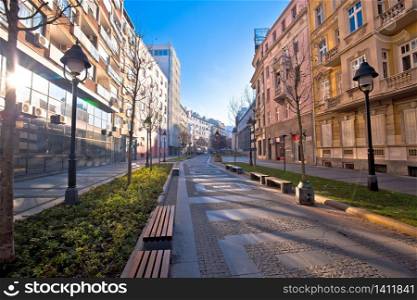 Belgrade. Cobbled streets in historic Beograd city enter view, capital of Serbia
