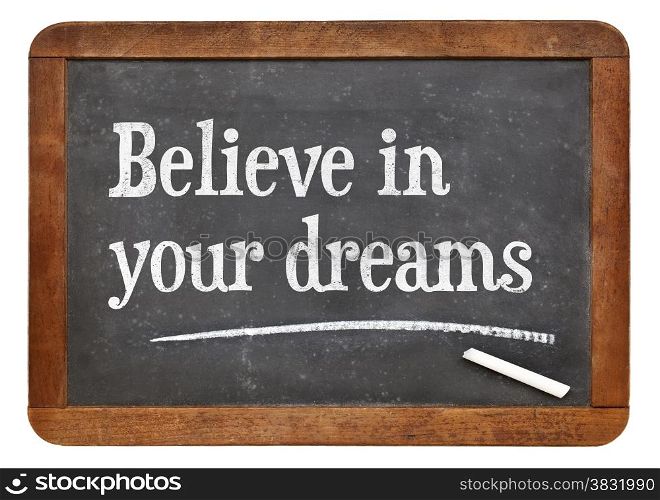 Believe in your dreams. Motivational words on a vintage slate blackboard