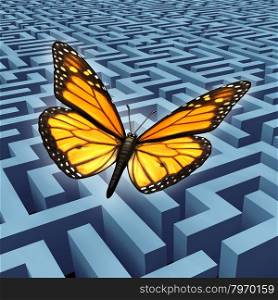 Believe in yourself concept and metaphore for success with a monarch butterfly on a journey flying over a complicated maze or labyrinth to rise above adversity and obstacles as a human lifestyle and business idea.