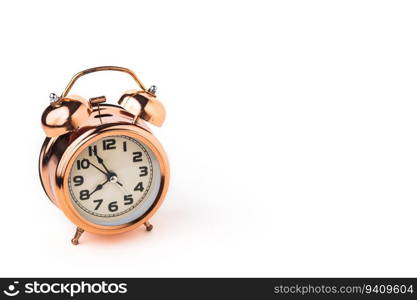 Bell alarm clock on white background with copy space for time management concept