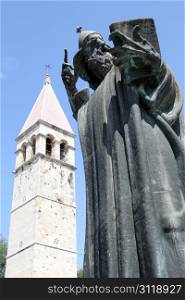 Bell tower and statue of Grgur Ninski in Split, Croatia