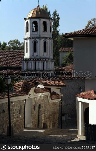 Bell tower and street in Plovdiv, Bulgaria