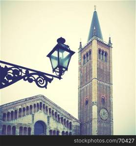 Bell tower of Cathedral (Duomo) in Parma, Italy. Retro style filtered image