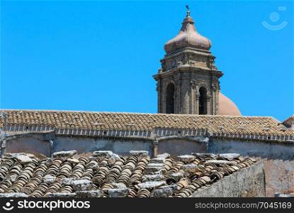 Bell tower of old Monastery San Salvador in medieval Erice town, Trapani region, Sicily, Italy.
