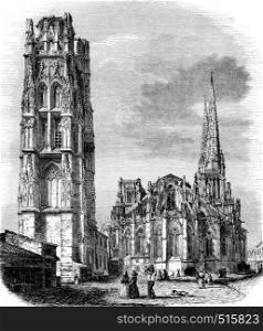 Bell tower of Pey-Berland and Cathedral Church of St. Andrew, vintage engraved illustration. Magasin Pittoresque 1844.
