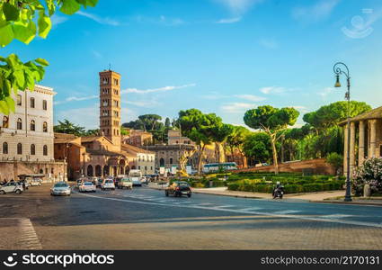 Bell tower of Santa Maria in Cosmedin on the street of Rome