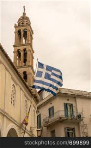 Bell Tower of St George Orthodox church in old town in the city of Nafplio in Greece. Bell Tower of St George church in Old Town of Nafplio