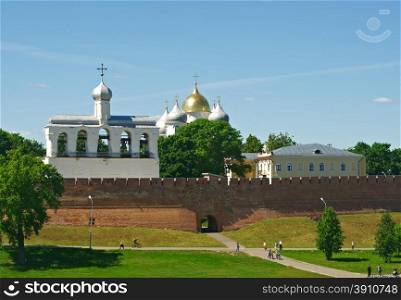 Bell tower of St. Sophia Cathedral . Veliky Novgorod ancient Russian city