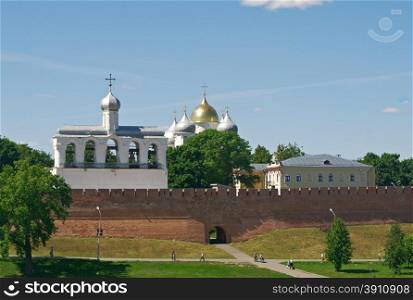 Bell tower of St. Sophia Cathedral . Veliky Novgorod ancient Russian city