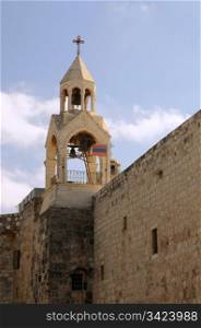 Bell tower of the Church of the Nativity in Bethlehem, Palestine.