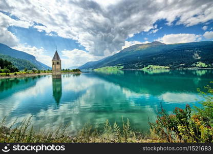 Bell tower of the Reschensee (Resia) South Tyrol Italy